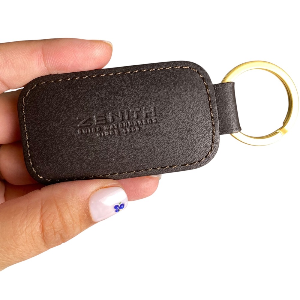 Zenith Swiss Watchmakers Brown Leather Keychain Hand Made in Italy Gold Ring